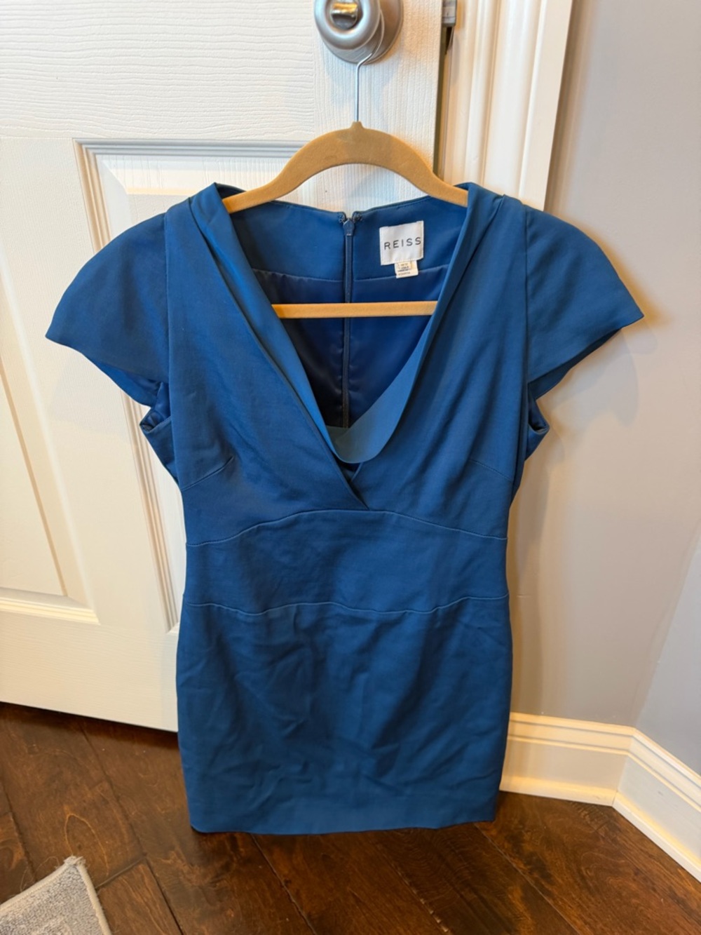 Reiss Teal V-Neck Cap-Sleeve Sheath Dress